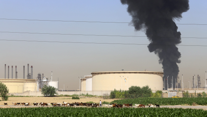 Smoke rises at an oil refinery in Tehran as horses rest in front.
