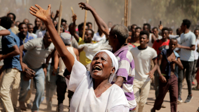 FILE PHOTO: Supporters of Bekele Gerba, secretary general of the Oromo Federalist Congress (OFC), chant slogans to celebrate Gerba's release from prison, in Adama, Oromia Region, Ethiopia February 14, 2018.