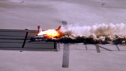 CID (Controlled Imact Demonstrator) Aircraft skid after wing cutter impact.