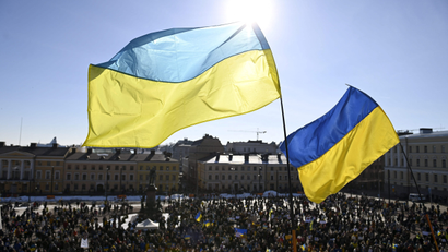ukraine flags at demonstration