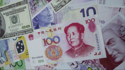 MARKETS-BONDS/EUROSYSTEM IDENTIFIER:RTR4YZ6MCODE:GF10000172717MEDIA DATE13 Aug. 2015PHOTOGRAPHER:Tyrone SiuHEADLINE:An advertisement promoting China's renminbi (RMB) or yuan, U.S. dollar and Euro exchange services is...
