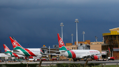 Kenya Airways planes are seen parked at the Jomo Kenyatta International airport near Kenya's capital Nairobi, April 28, 2016. Picture taken April 28, 2016.