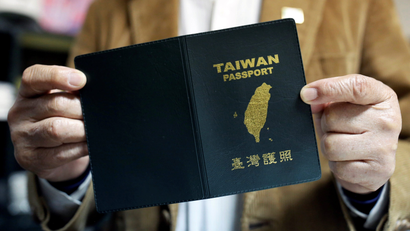 Taiwan's pro-independence passport cover for sale is pictured at Taiuan-e-tian shop in Taipei