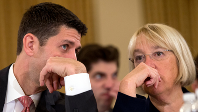 House Budget Committee Chairman Rep. Paul Ryan, R-Wis., left, speaks with Senate Budget Committee Chair Sen. Patty Murray, D-Wash., on Capitol Hill in Washington, Wednesday Nov. 13, 2013, at the start of a Congressional Budget Conference.