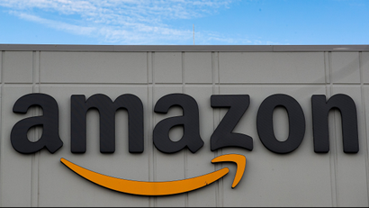 The Amazon logo is seen outside its JFK8 distribution center in Staten Island, New York