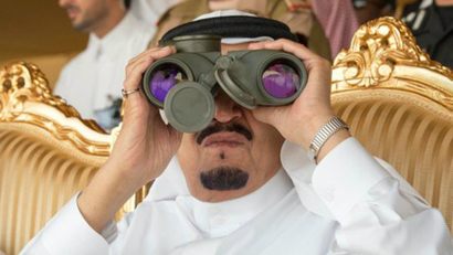 Saudi King Salman watches the North Thunder military exercises in Hafr Al-Baten, Saudi Arabia.