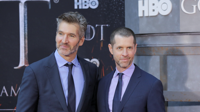 Game of Thrones creators David Benioff and D.B. Weiss arrive for the premiere of the final season of "Game of Thrones" at Radio City Music Hall in New York