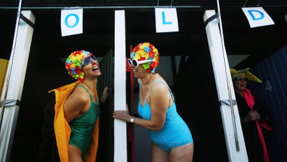 Swimmers prepare to get into the water during the UK Cold Water Swimming Championships at Tooting Bec Lido in south London