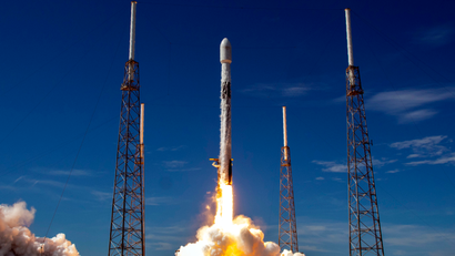 A SpaceX Falcon 9 rocket launches Starlink satellites in August 2020.