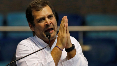 Rahul Gandhi, President of India's main opposition Congress party, gestures as he addresses his supporters at the end of the party's youth wing's "Yuva Kranti Yatra" campaign in New Delhi