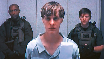 Dylann Storm Roof appears by closed-circuit television at his bond hearing in Charleston, South Carolina, U.S. June 19, 2015 in a still image from video. REUTERS/POOL/File Photo - RTX2SCEU