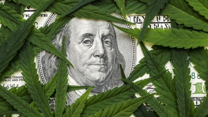 The face of Benjamin Franklin on the hundred dollar banknote among cannabis leaves.