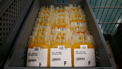 Frozen plasma bags are pictured at the Interregional Transfusion CRS in Bern