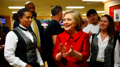 Democratic presidential candidate Hillary Clinton visits with Harrah's Las Vegas employees on the day of the Nevada Democratic caucus, Saturday, Feb. 20, 2016, in Las Vegas.