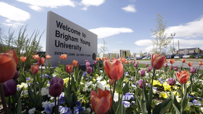 A welcome sign to Brigham Young University in Provo, Utah.