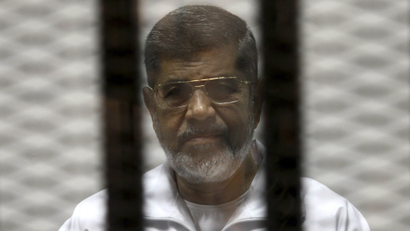 Ousted Egyptian President Mohamed Morsi is seen behind bars during his trial at a court in Cairo May 8, 2014.