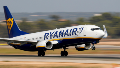 A Ryanair Boeing 737-800 airplane takes off from the airport in Palma de Mallorca, Spain, in July 2018.