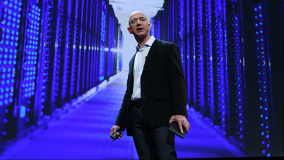 Jeff Bezos of Amazon delivers a speech