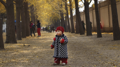 One-year-old Qiqi holds a ballon on a street outside Diaoyutai State Guesthouse in central Beijing, November 8, 2013. REUTERS/China Daily