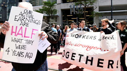 Drivers protest near Uber’s headquarters in California