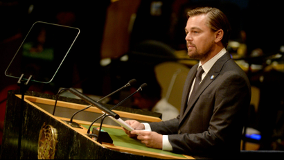 Leonardo DiCaprio speaking at a lectern