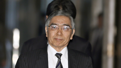 Asian Development Bank President Haruhiko Kuroda, who was recently nominated by Japan's Prime Minister Shinzo Abe to head the country's central bank, arrives at a lower house committee meeting in Tokyo, Monday, March 4, 2013. (AP Photo/Shizuo Kambayashi