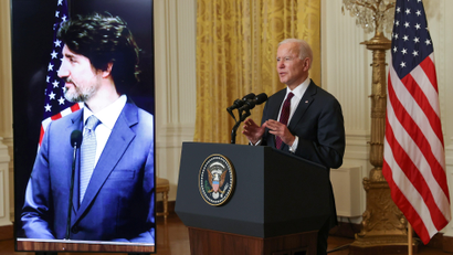 U.S. President Joe Biden and Canada's Prime Minister Justin Trudeau, appearing via video conference call, in 2021