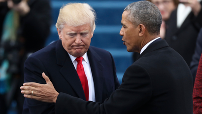 President Barack Obama (R) greets President elect Donald Trump at inauguration ceremonies swearing in Donald Trump as the 45th president of the United States on the West front of the U.S. Capitol in Washington, U.S., January 20, 2017. REUTERS/Carlos Barria - RTSWIZD