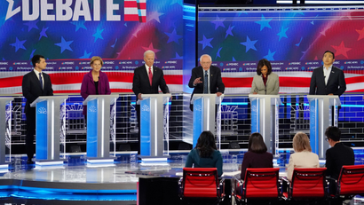 Democratic US presidential candidates speak during the fifth 2020 campaign debate.