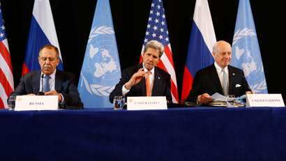 U.S. Secretary of State John Kerry, center, Russian Foreign Minister Sergey Lavrov, left, and UN Special Envoy for Syria Staffan de Mistura, right, arrive for a news conference after the International Syria Support Group (ISSG) meeting in Munich, Germany, Friday, Feb. 12, 2016. Talks aimed at narrowing differences over Syria and keeping afloat diplomacy to end its civil war have gotten under way in Munich. (AP Photo/Matthias Schrader)