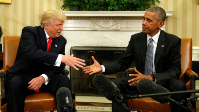 US President Barack Obama meets with President-elect Donald Trump in the Oval Office of the White House in Washington November 10,