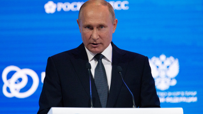 Vladimir Putin delivers a speech during the Russian Energy Week forum in Moscow in 2018.