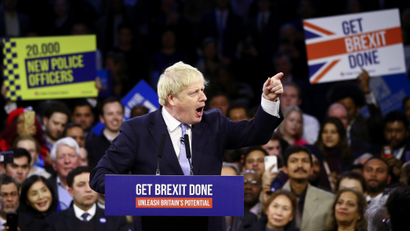 Britain's Prime Minister Boris Johnson speaks during a final general election campaign event in London, Britain, December 11, 2019.