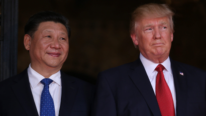 U.S. President Donald Trump welcomes Chinese President Xi Jinping at Mar-a-Lago state in Palm Beach, Florida, U.S., April 6, 2017.
