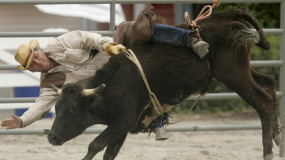 A cowboy is thrown from the back of a bucking bull.