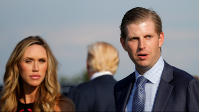 ric Trump and his wife Lara Yunaska arrive at Huntington tri-state airport.