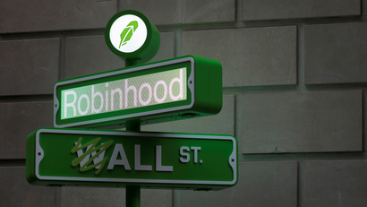 The logo of Robinhood Markets, Inc. is seen at a pop-up event on Wall Street after the company's IPO in New York City, U.S., July 29, 2021.