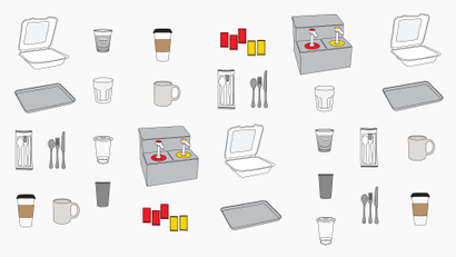 Illustration showing disposable and reusable items. Disposables include coffee cups, condiment packets, plastic utensils, takeout containers, and plastic cups. Reusable items include bulk condiment dispensers, silverware, flatware, mugs, and glasses.