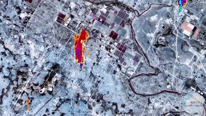 An visualization of methane leaks detected in Texas using a hyperspectral sensor set to go to orbit on a Planet satellite.