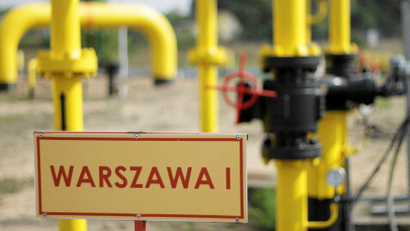 A sign, which reads: Warsaw, is pictured at the Gaz-System gas distribution station in Gustorzyn, central Poland.