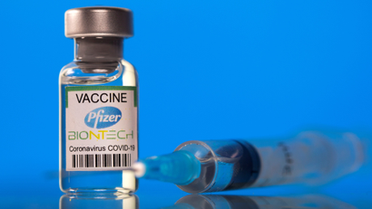 A vial labelled with the Pfizer-BioNTech Covid-19 vaccine.