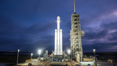 The Falcon Heavy on its launch pad.