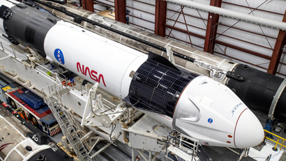 A SpaceX rocket being prepared for a NASA mission.