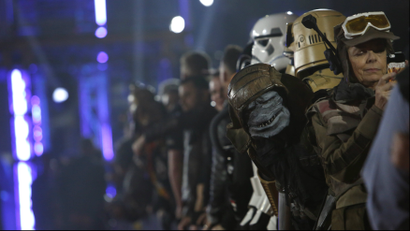 General view of members of the crowd, some wearing costumes, as they await arrivals on the red carpet at the world premiere of the film "Rogue One: A Star Wars Story" in Hollywood, California, U.S.