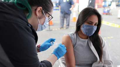 Esperanza Guevara, 31, receives a Johnson & Johnson coronavirus disease (COVID-19) vaccination, in Los Angeles, California, U.S., March 25, 2021.