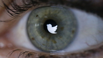 An illustration picture shows the Twitter logo reflected in the eye of a woman in Berlin, November 7, 2013.