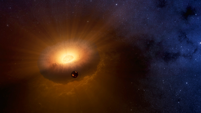 This artist’s rendering shows the hot, molten moon emerging from a synestia, a giant spinning donut of vaporized rock that formed when planet-sized objects collided. The synestia is in the process of condensing to form the Earth. This new model for the moon’s origin answers outstanding questions about how the moon’s composition compares to that of Earth.