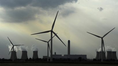 Wind farm near Drax coal power station, UK.