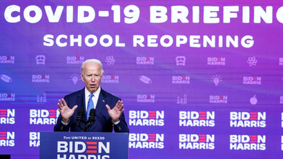 Democratic U.S. presidential nominee and former Vice President Joe Biden discusses his plan to safely reopen schools amid the coronavirus disease (COVID-19) pandemic during a speech in Wilmington, Delaware, U.S., September 2, 2020.