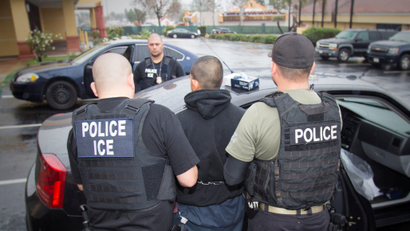 U.S. Immigration and Customs Enforcement (ICE) officers detain a suspect as they conduct a targeted enforcement operation in Los Angeles, California, U.S. on February 7, 2017. Picture taken on February 7, 2017.